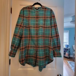 Lands' End L Aqua Plaid Flannel Tunic Top